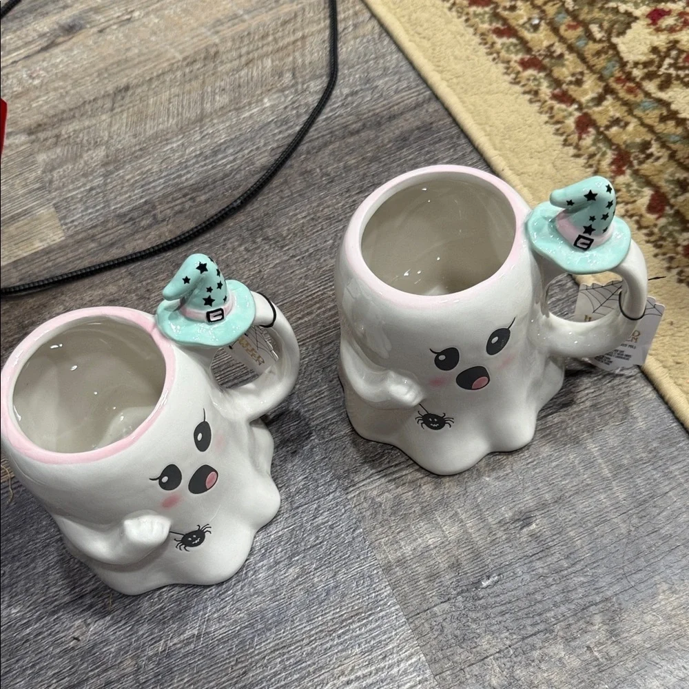 2 Ghost Shaped Mugs with Witch Hat Handles